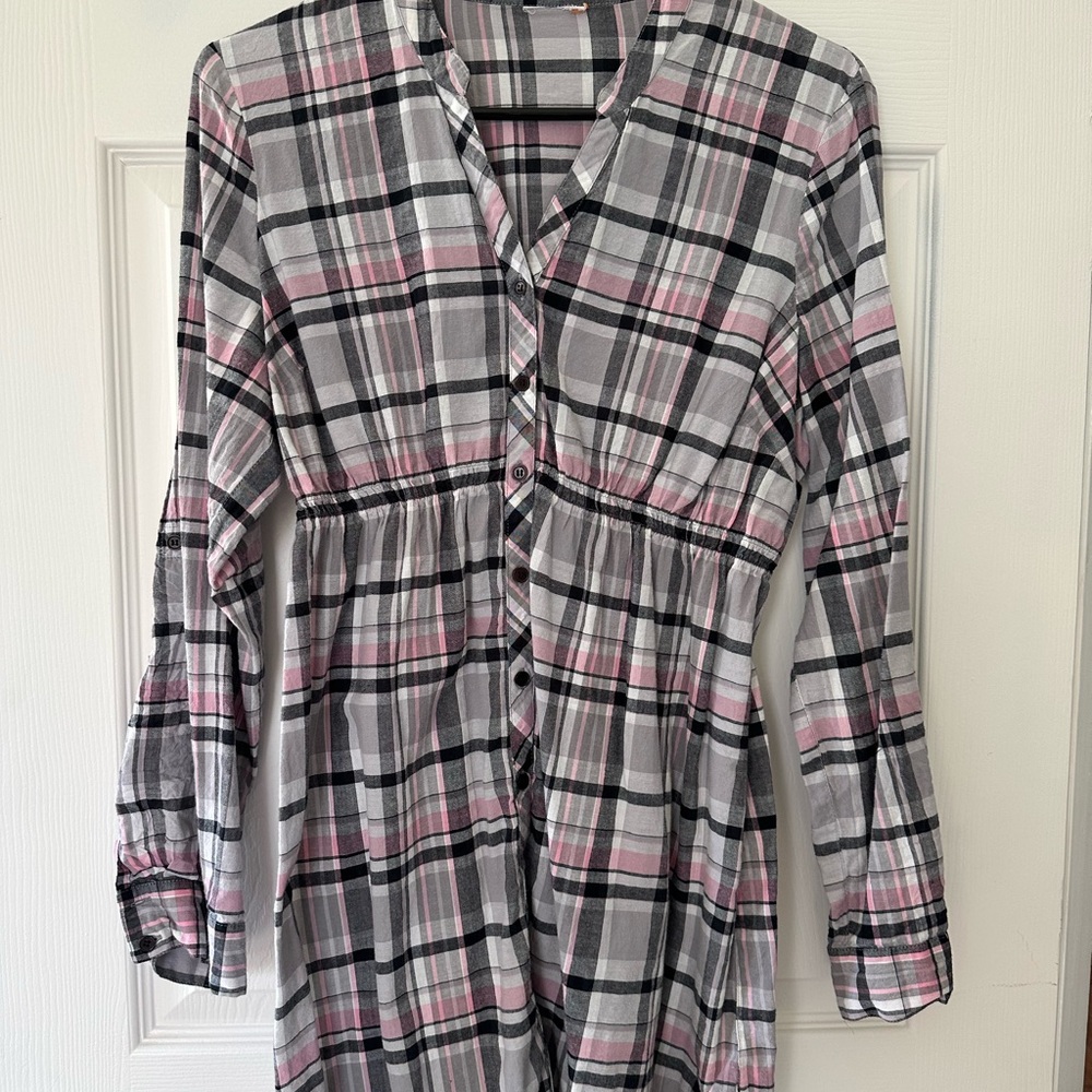 Plaid Button-Front Tunic with Pink and Black Accents